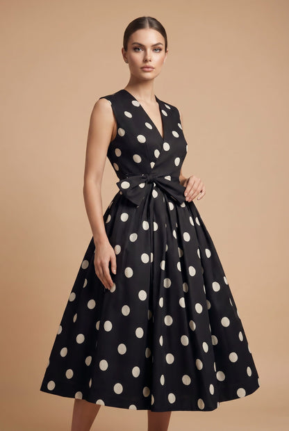 Women's Midi Dress White Polkadot Lightweight Fabric A-Line - 3