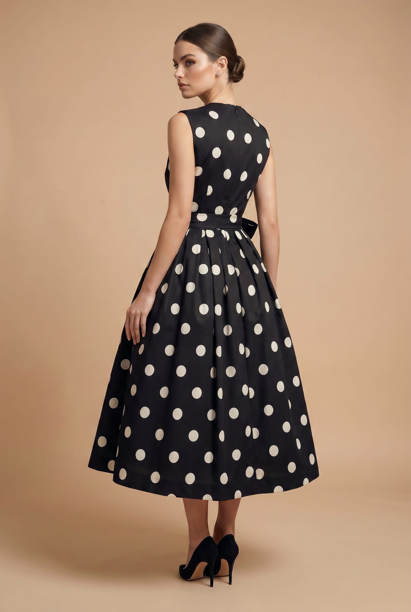 Women's Midi Dress White Polkadot Lightweight Fabric A-Line - 4
