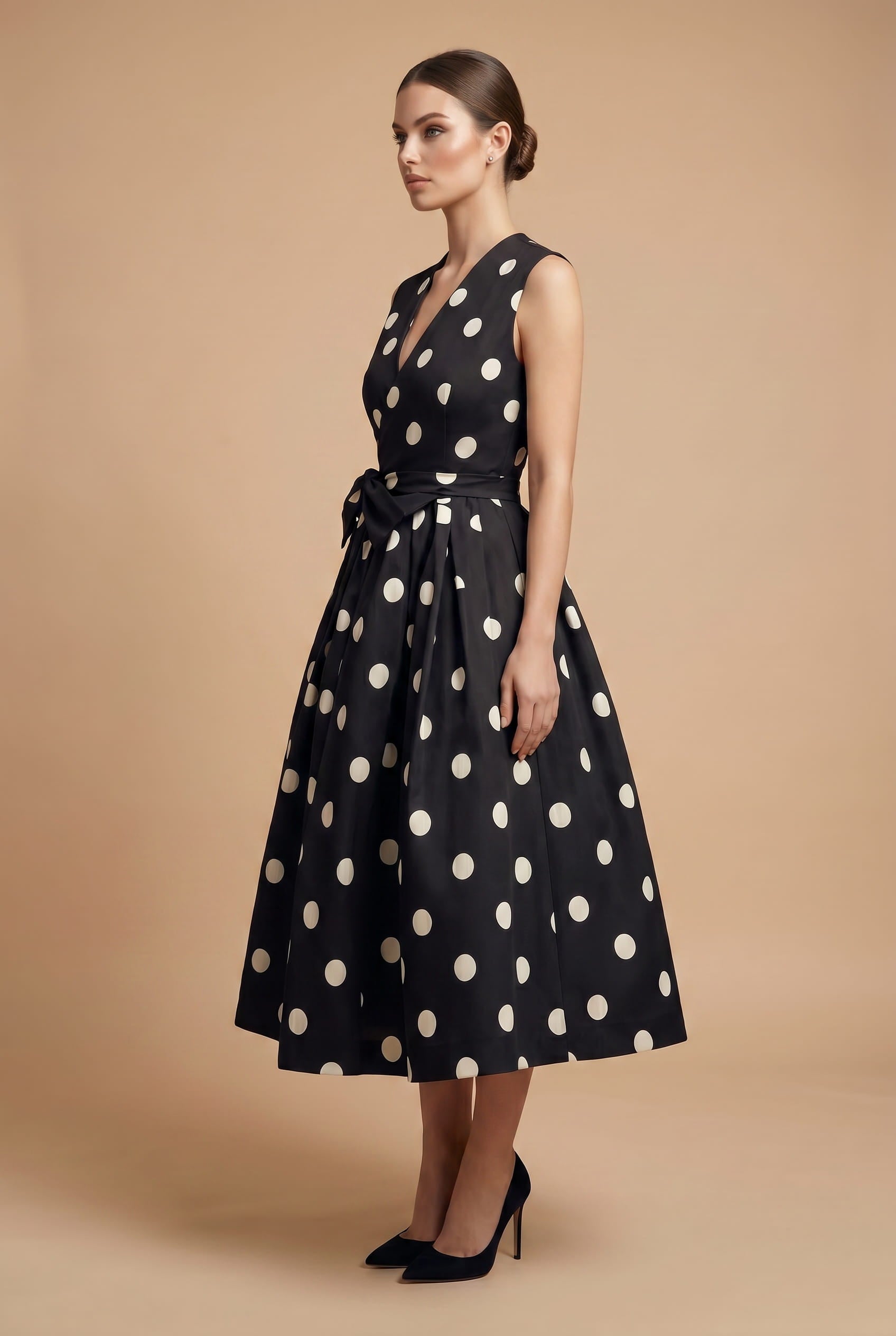 Women's Midi Dress White Polkadot Lightweight Fabric A-Line - 6