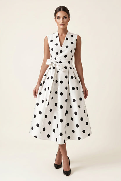 Women's Midi Dress White Polkadot Lightweight Fabric A-Line - 8