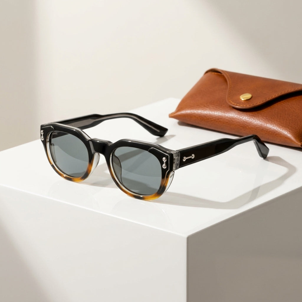 Women's Chunky Round Retro Sunglasses in Sundown – angled view | Hensley London