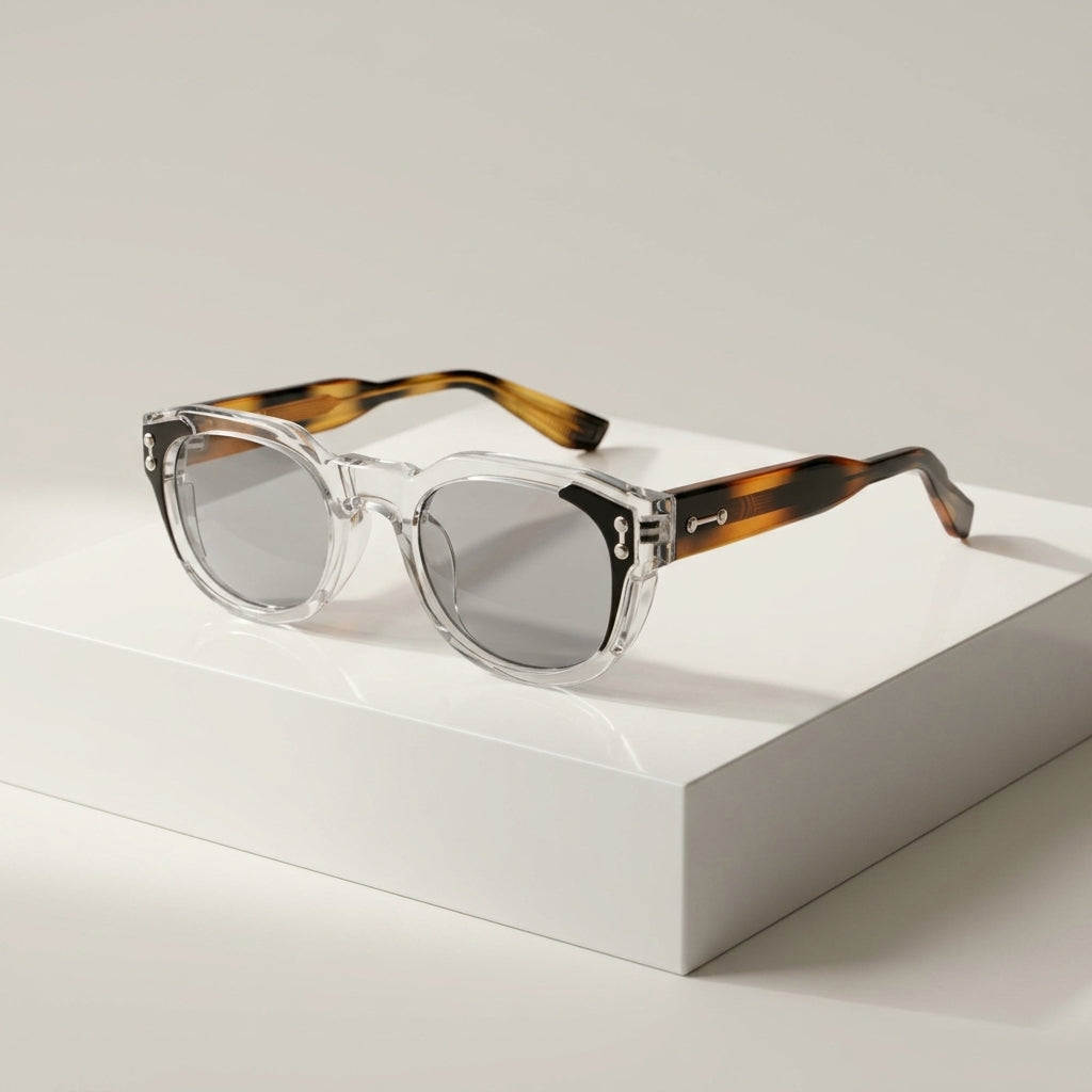 Women's Chunky Round Retro Sunglasses in Clean – angled view | Hensley London