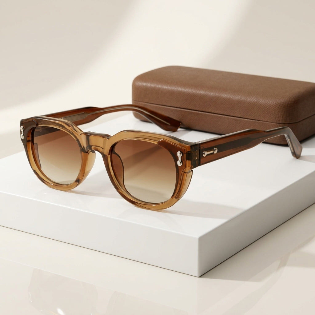 Women's Chunky Round Retro Sunglasses in Rum – angled view | Hensley London