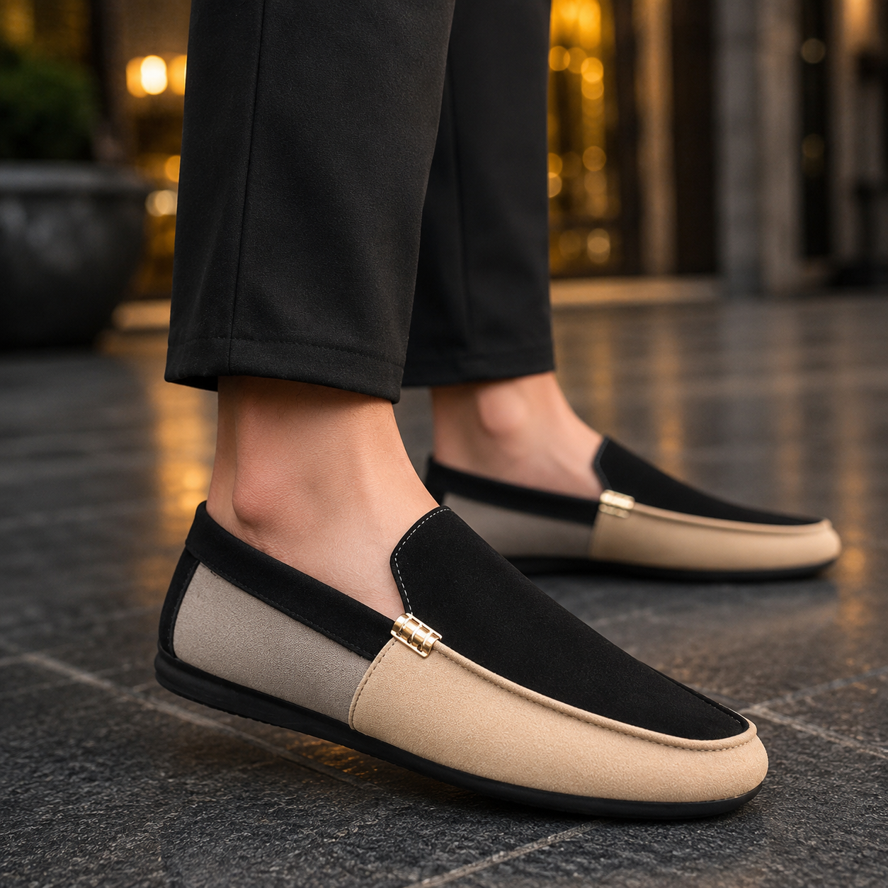 Men's Suede Colorblock Driving Loafers – angled view | Hensley London