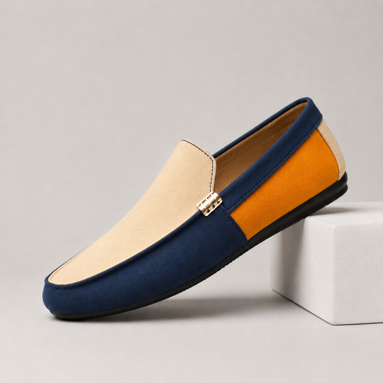 Men's Suede Colorblock Driving Loafers – heel view | Hensley London