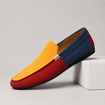 Men's Suede Colorblock Driving Loafers – styled view | Hensley London