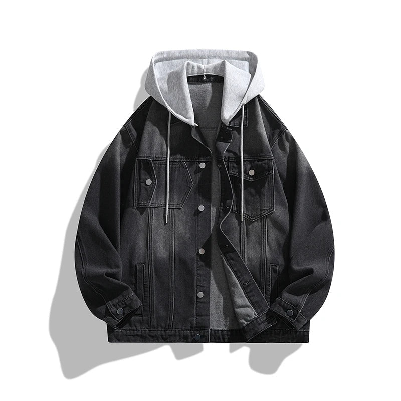 Men's Hooded Denim Jacket in Black – front view | Hensley London