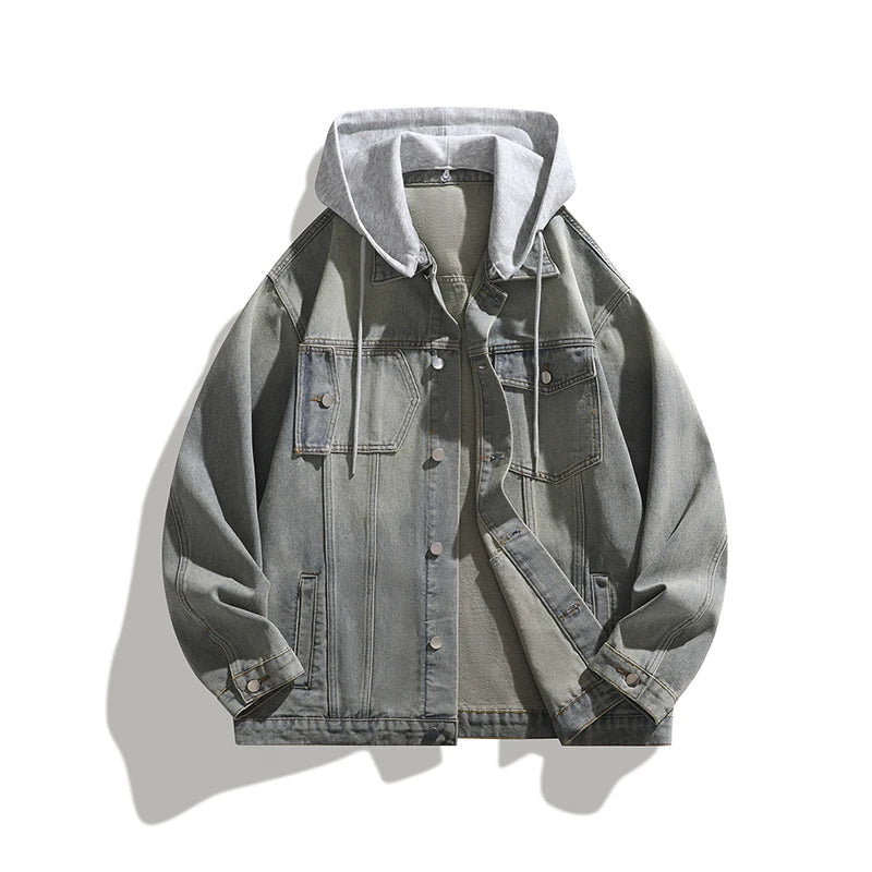 Men's Hooded Denim Jacket in Gray – front view | Hensley London