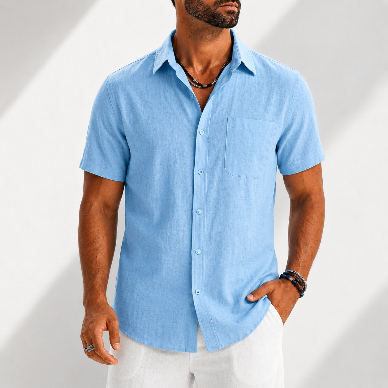 Men's Cotton-Linen Button-Up Shirt in Light Blue – front view | Hensley London