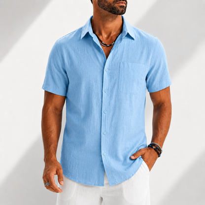 Men's Cotton-Linen Button-Up Shirt in Light Blue – front view | Hensley London
