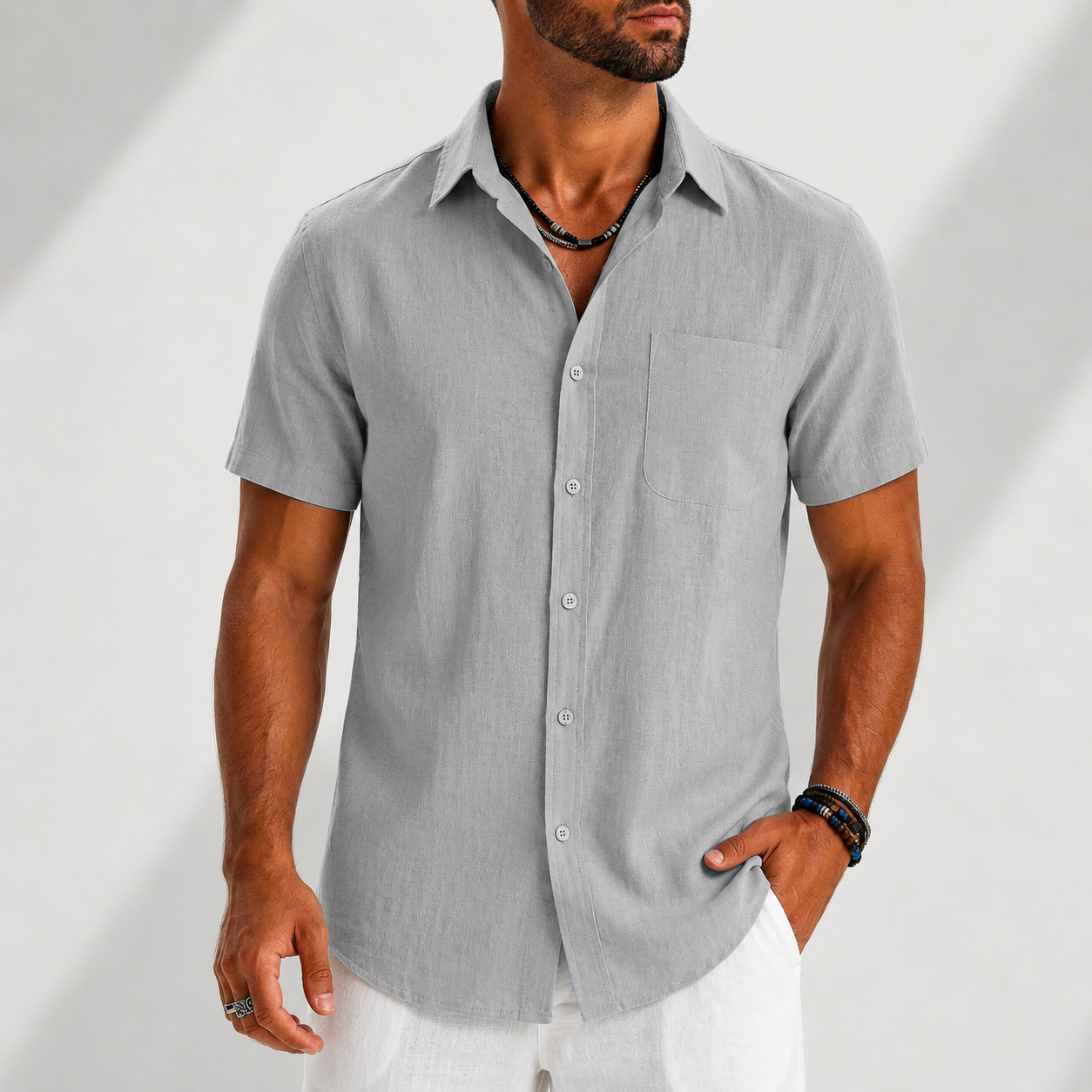 Men's Cotton-Linen Button-Up Shirt in Gray – front view | Hensley London