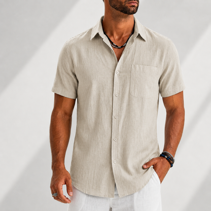 Men's Cotton-Linen Button-Up Shirt in Khaki – front view | Hensley London
