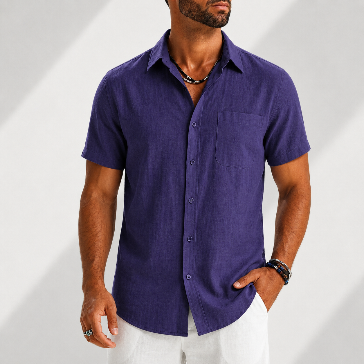 Men's Cotton-Linen Button-Up Shirt in Purple – front view | Hensley London