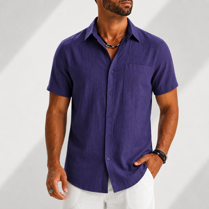 Men's Cotton-Linen Button-Up Shirt in Purple – front view | Hensley London