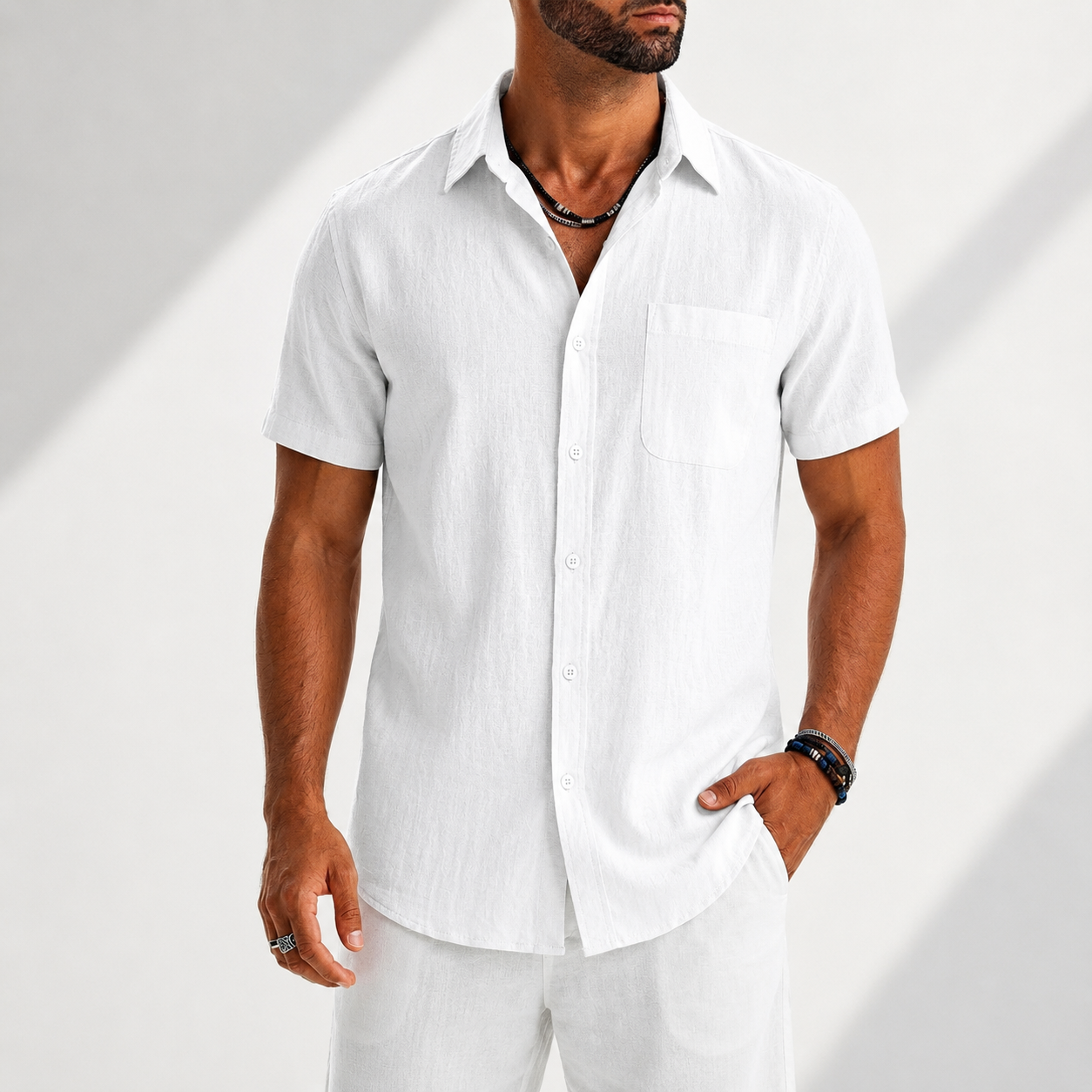Men's Cotton-Linen Button-Up Shirt in White – front view | Hensley London