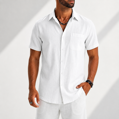 Men's Cotton-Linen Button-Up Shirt in White – front view | Hensley London