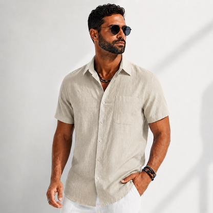 Men's Cotton-Linen Button-Up Shirt – detail view | Hensley London