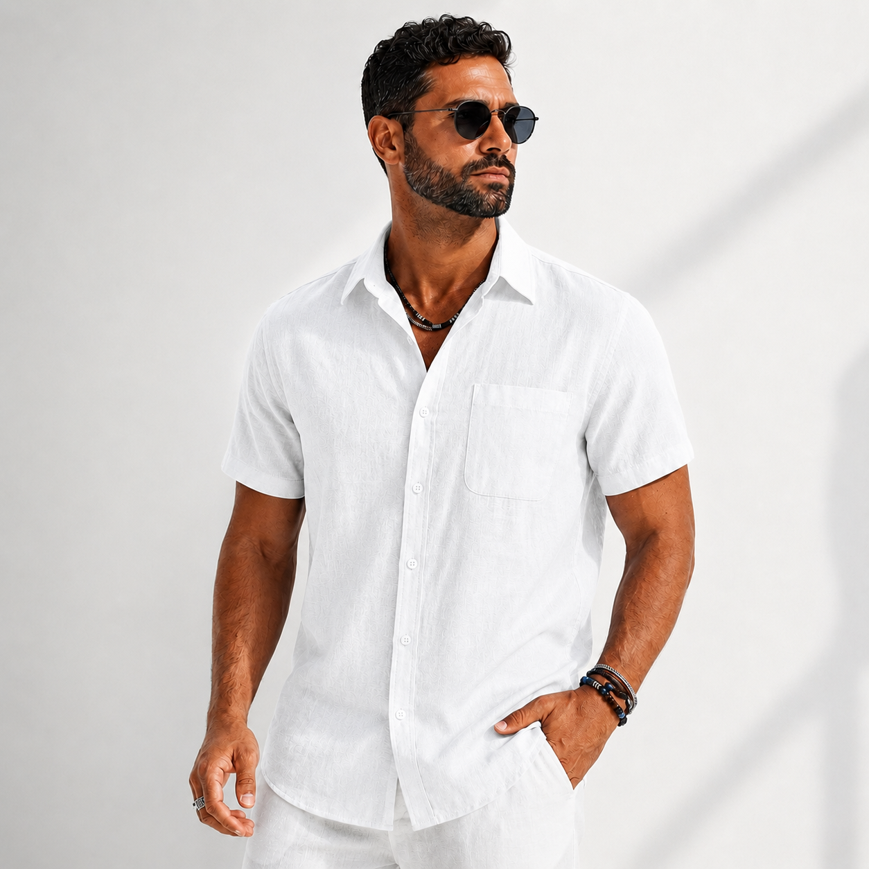 Men's Cotton-Linen Button-Up Shirt – product view | Hensley London
