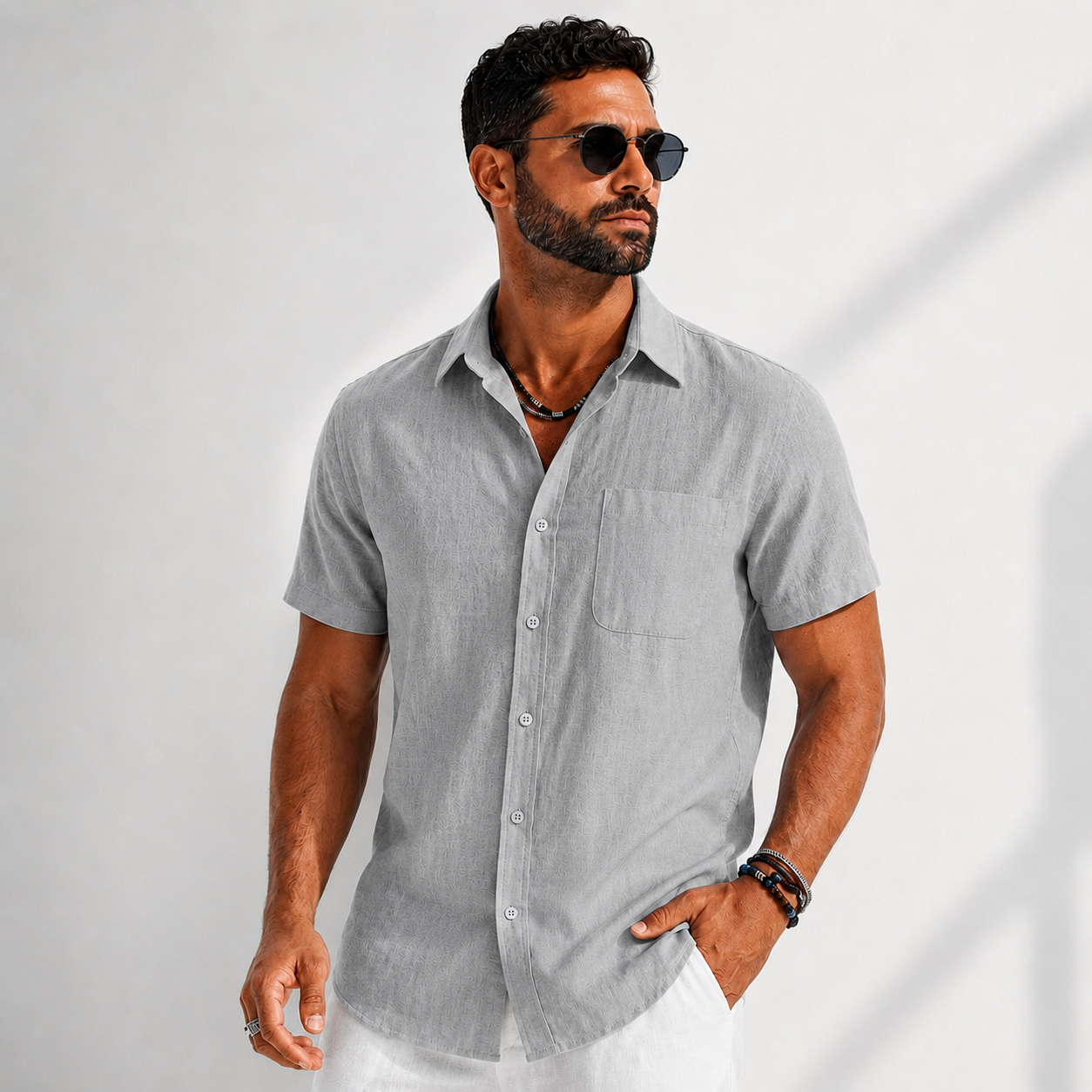 Men's Cotton-Linen Button-Up Shirt – product view | Hensley London
