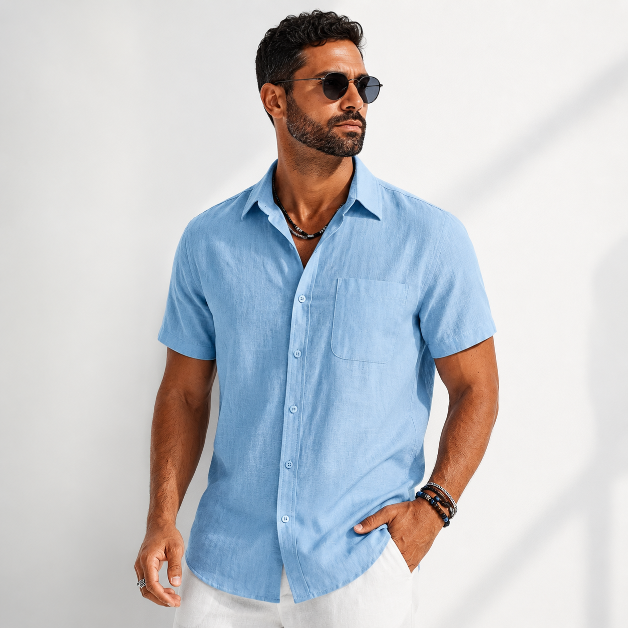 Men's Cotton-Linen Button-Up Shirt – product view | Hensley London