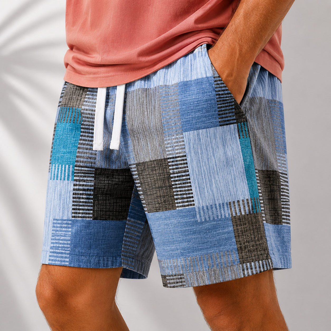 Men's Geometric Patchwork Print Shorts in Blue – front view | Hensley London