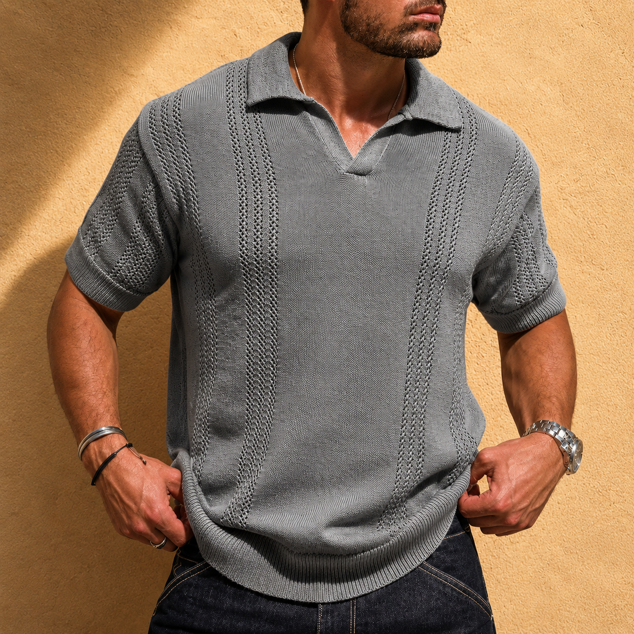 Men's Open-Knit Polo Shirt in Khaki – front view | Hensley London