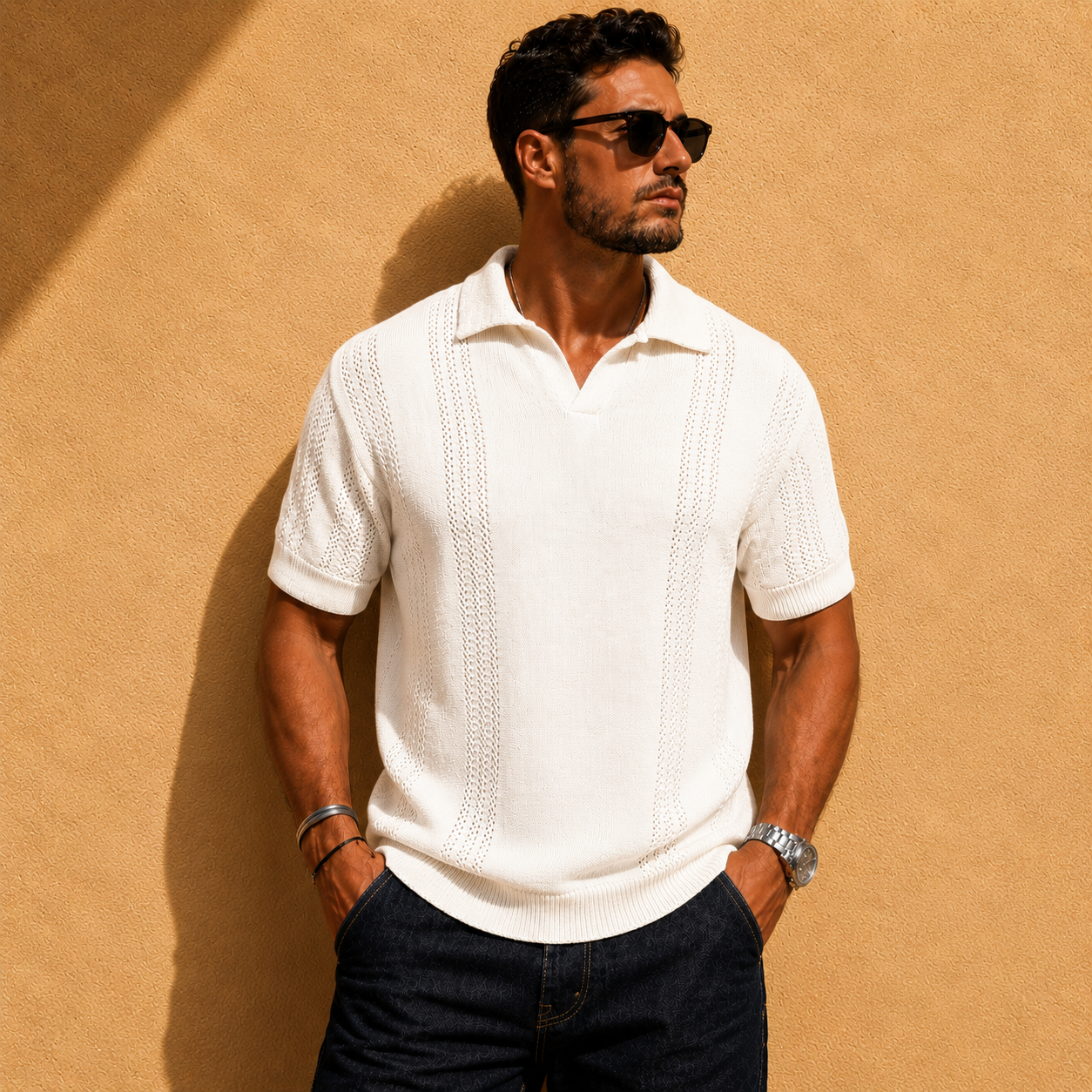 Men's Open-Knit Polo Shirt – detail view | Hensley London