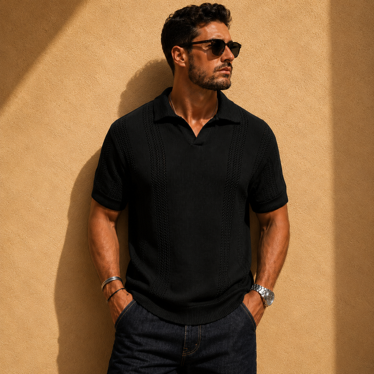 Men's Open-Knit Polo Shirt – product view | Hensley London
