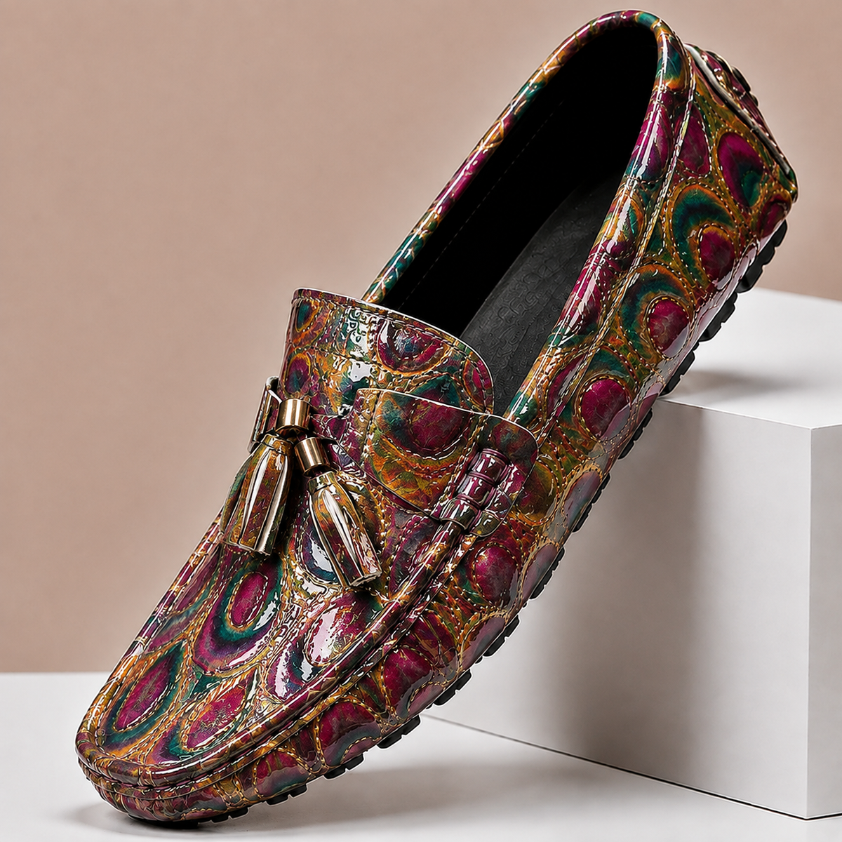 Men's Embossed Leather Tassel Driving Loafers in Wine - additional view 2 | Hensley London