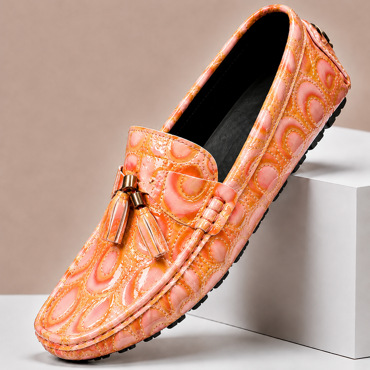 Men's Embossed Leather Tassel Driving Loafers in Orange - additional view 3 | Hensley London