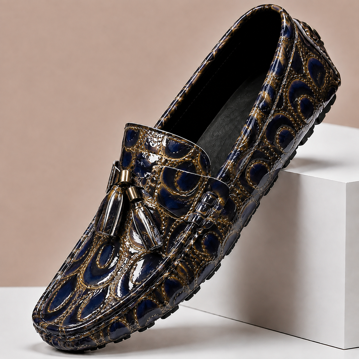 Men's Embossed Leather Tassel Driving Loafers in Purple - additional view 4 | Hensley London