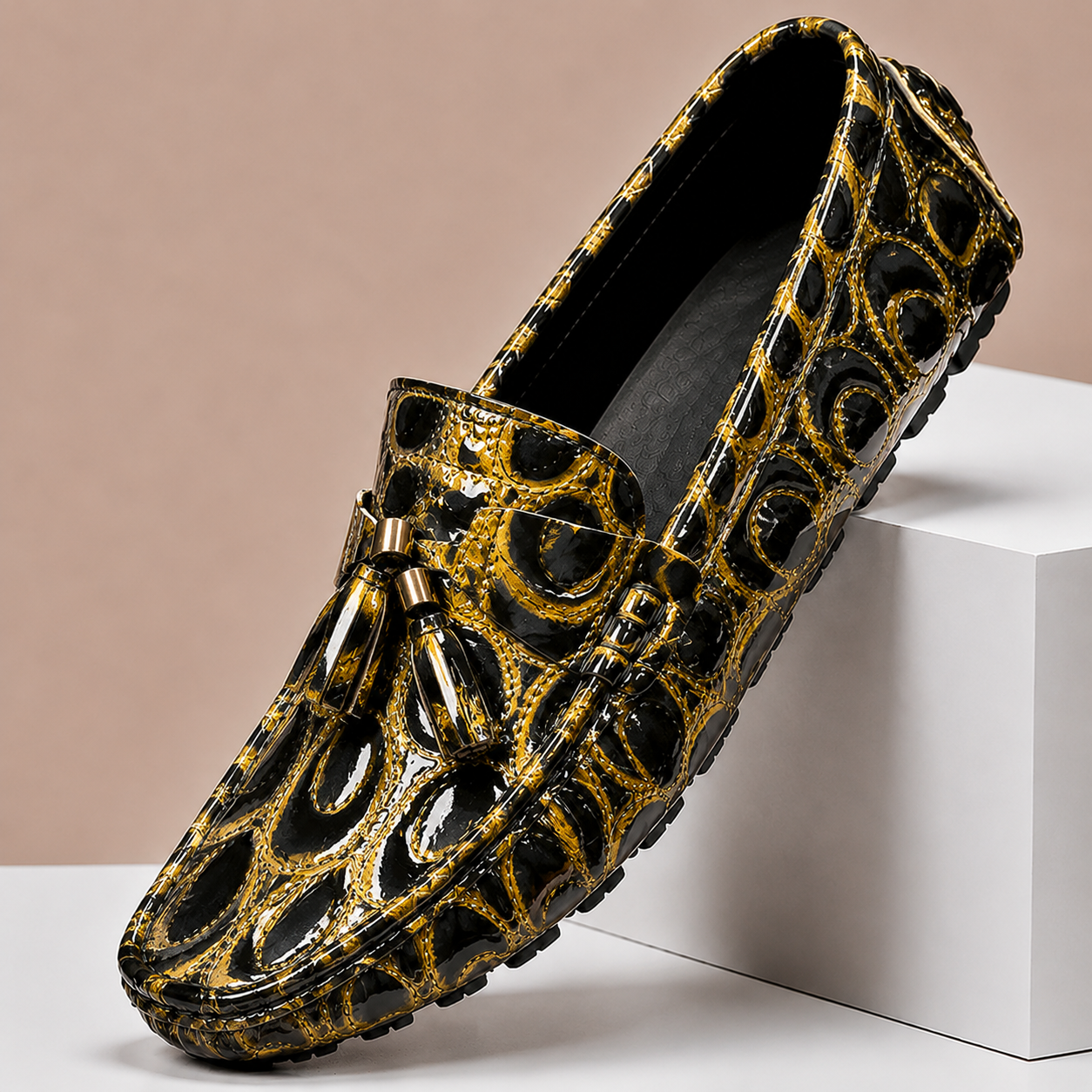 Men's Embossed Leather Tassel Driving Loafers in Gold - additional view 5 | Hensley London