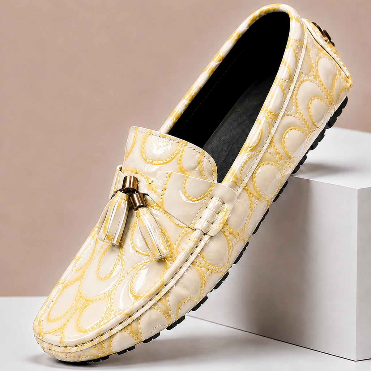 Men's Embossed Leather Tassel Driving Loafers in White - additional view 6 | Hensley London