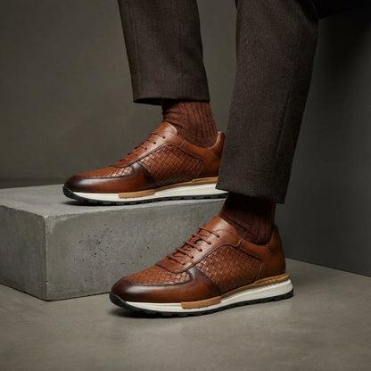 Men's Leather Low-Top Sneakers in Brown – front view | Hensley London