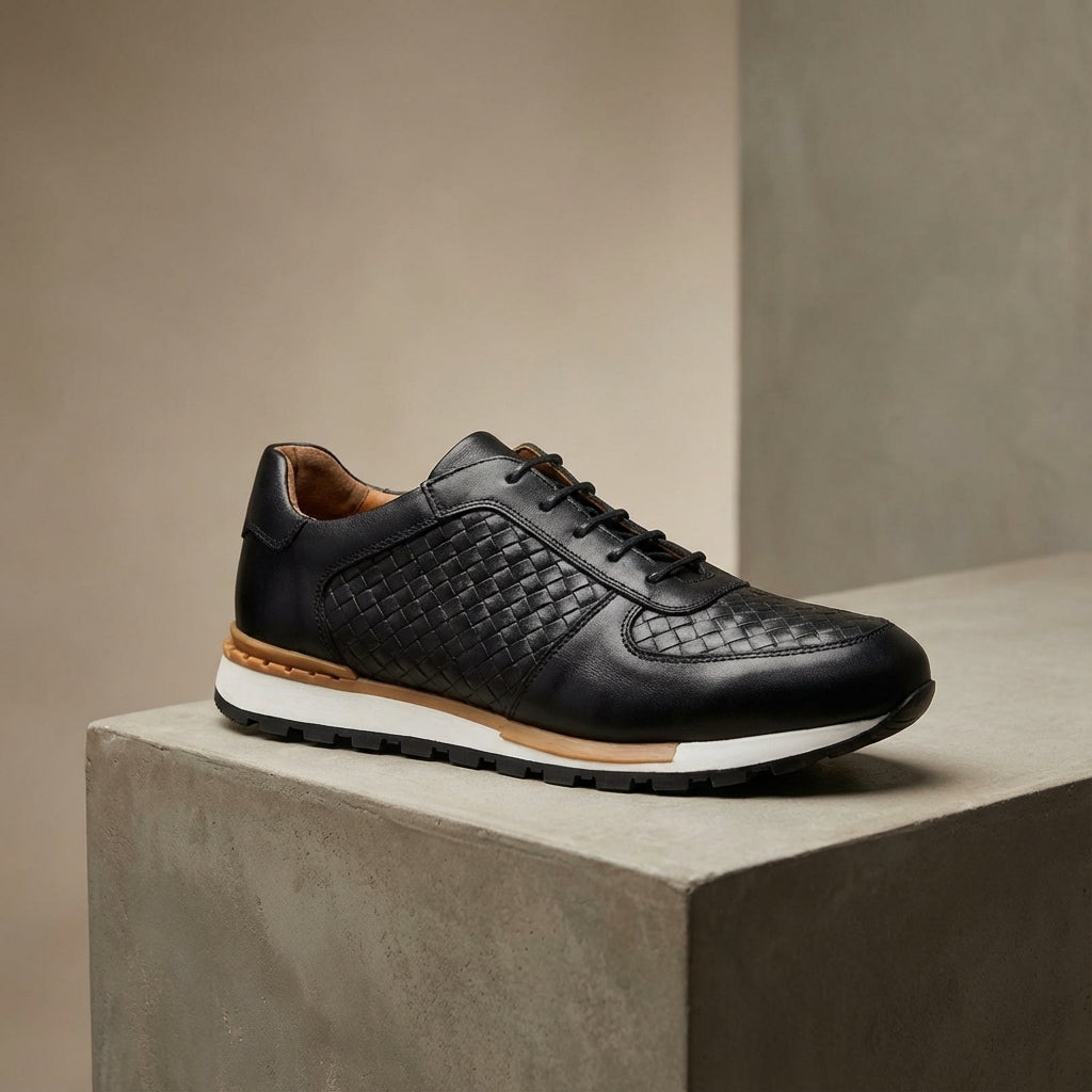 Men's Leather Low-Top Sneakers in Black – front view | Hensley London