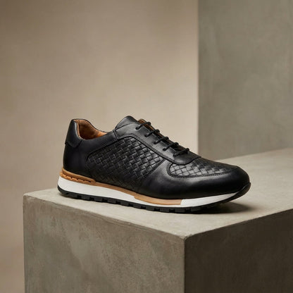 Men's Leather Low-Top Sneakers in Black – front view | Hensley London