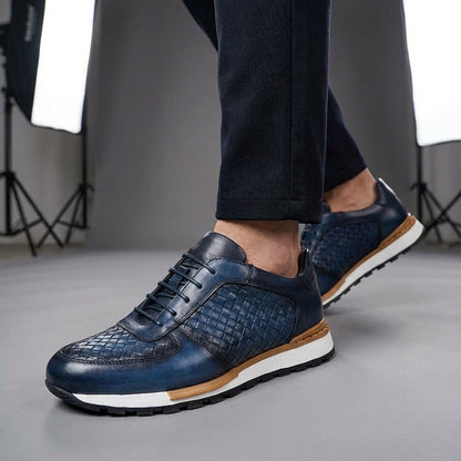 Men's Leather Low-Top Sneakers in Navy – front view | Hensley London