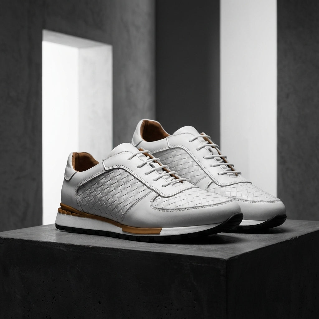 Men's Leather Low-Top Sneakers in White – front view | Hensley London