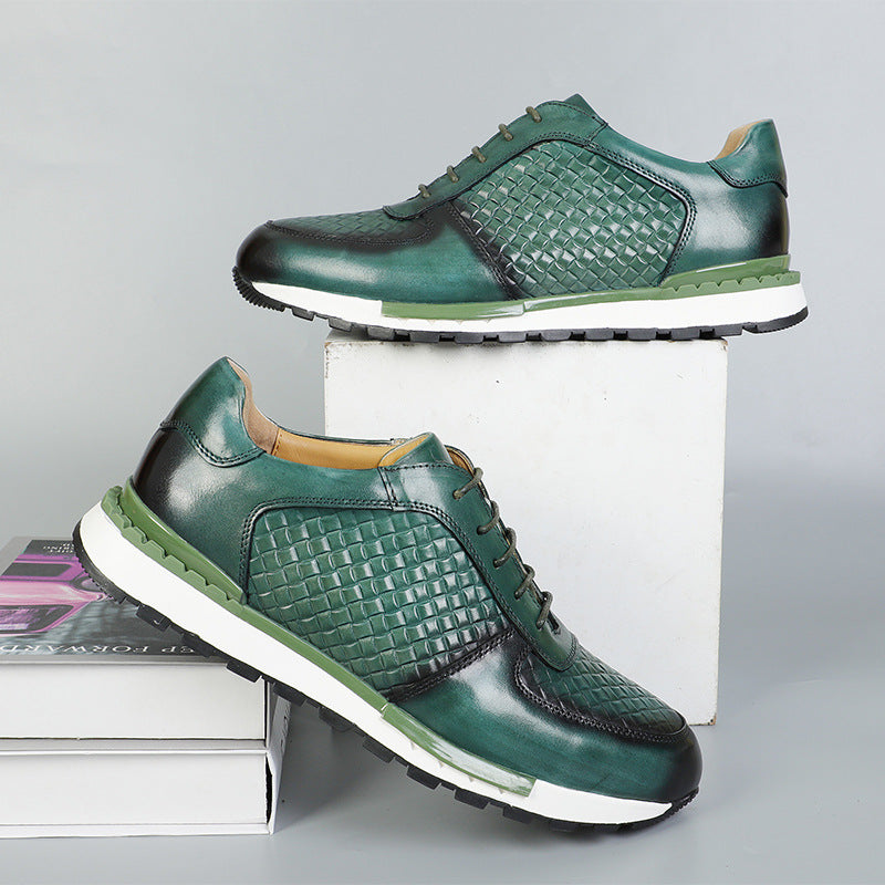 Men's Leather Low-Top Sneakers in Green – front view | Hensley London