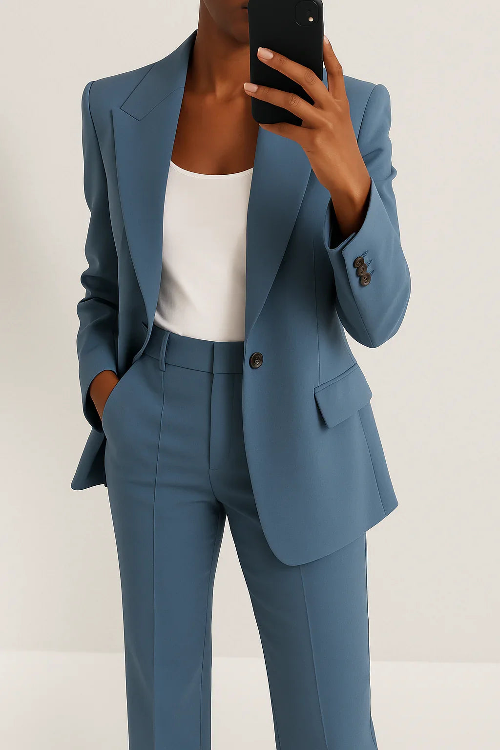 Women's Single-Breasted Blazer and Trouser Suit in Blue – product view | Hensley London