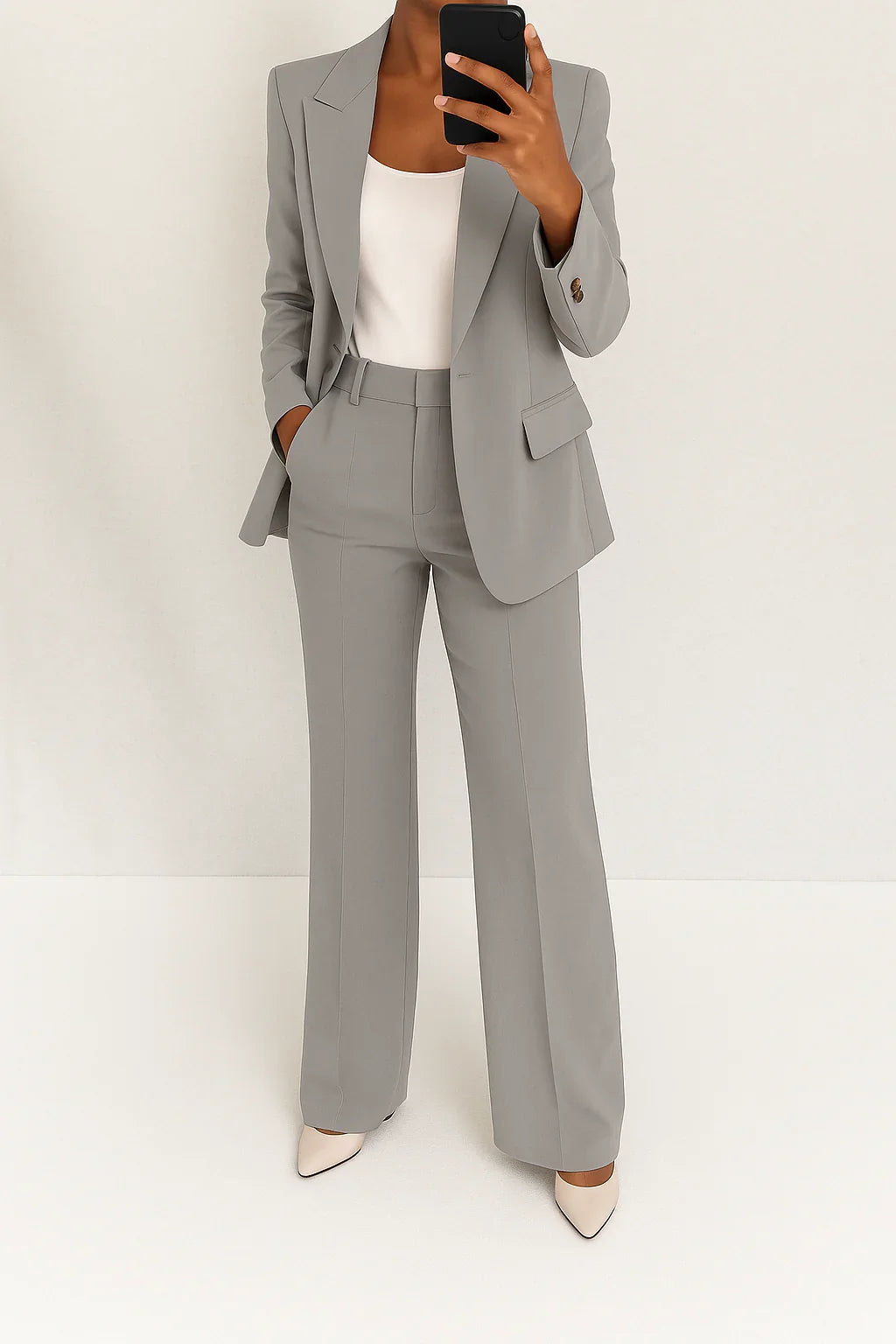Women's Single-Breasted Blazer and Trouser Suit in Gray – product view | Hensley London