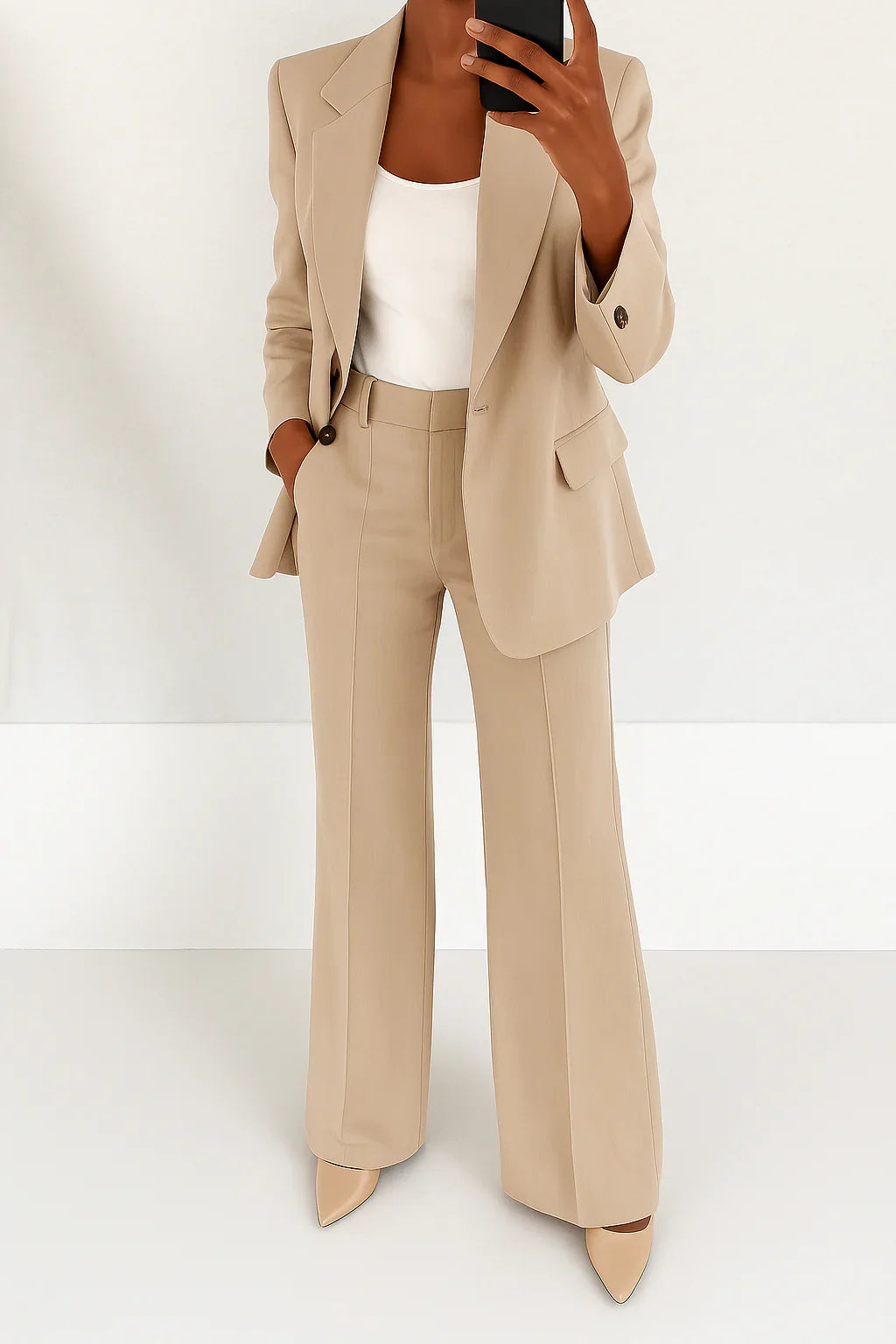 Women's Single-Breasted Blazer and Trouser Suit in Cream – product view | Hensley London