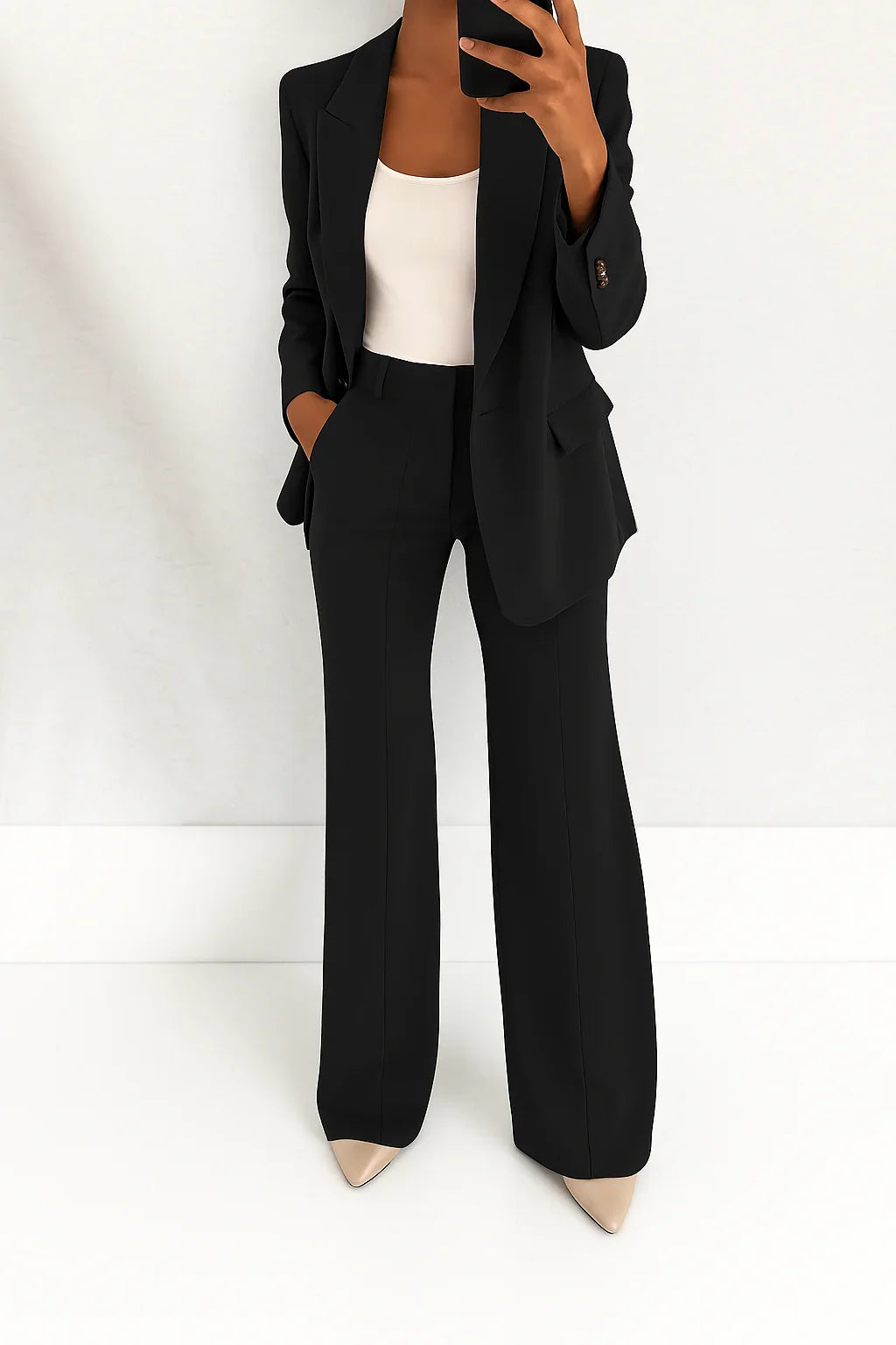 Women's Single-Breasted Blazer and Trouser Suit in Black – product view | Hensley London