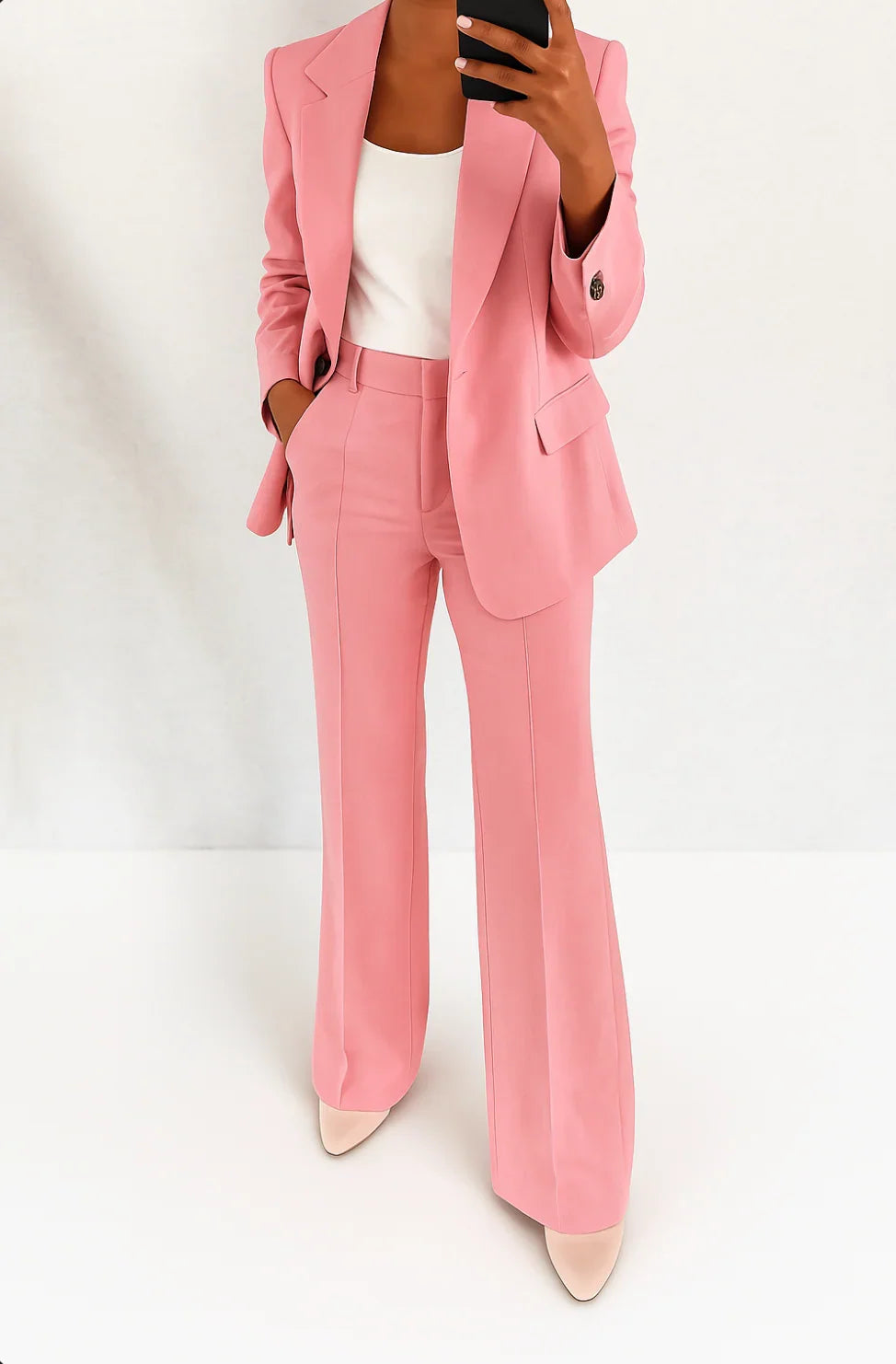 Women's Single-Breasted Blazer and Trouser Suit in Pink – product view | Hensley London