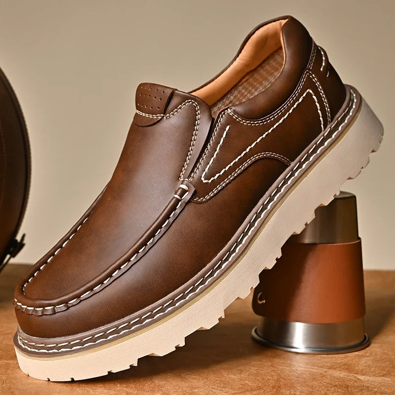Men's Contrast-Stitch Chunky-Sole Loafers in Brown – product view | Hensley London