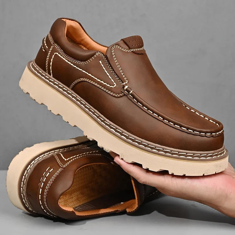 Men's Contrast-Stitch Chunky-Sole Loafers in Brown – product view | Hensley London