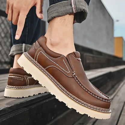 Men's Contrast-Stitch Chunky-Sole Loafers in Brown – product view | Hensley London