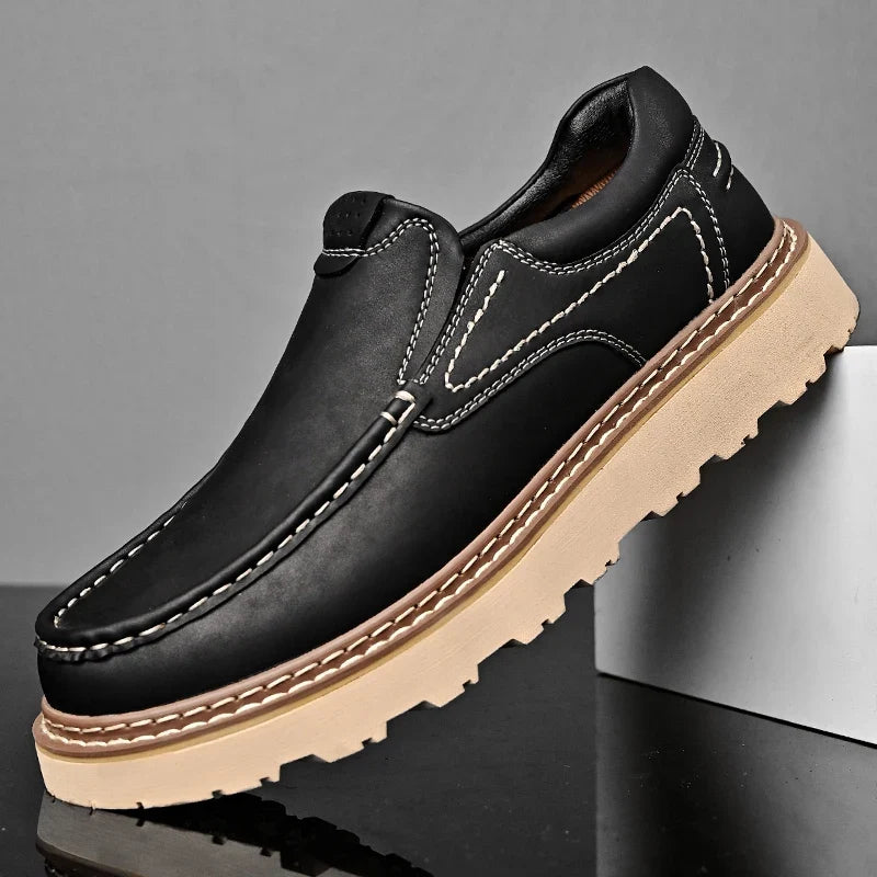 Men's Contrast-Stitch Chunky-Sole Loafers in Black – product view | Hensley London