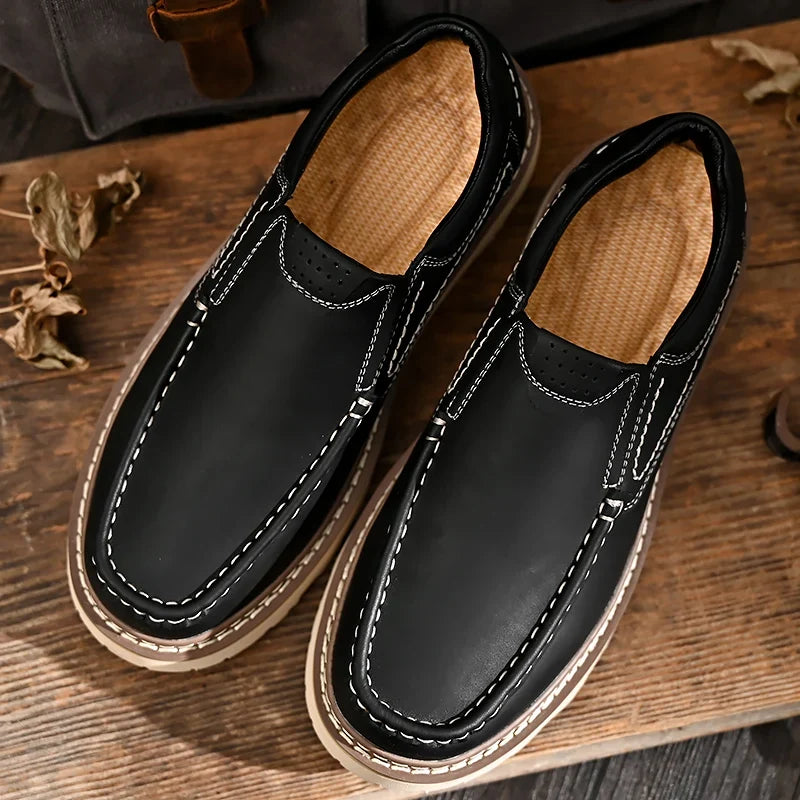 Men's Contrast-Stitch Chunky-Sole Loafers in Black – product view | Hensley London