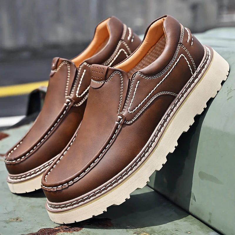 Men's Contrast-Stitch Chunky-Sole Loafers in Brown – product view | Hensley London
